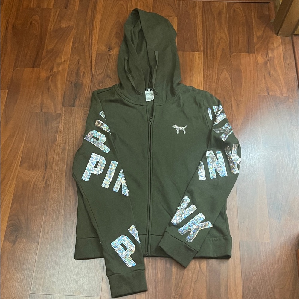 PINK Victoria's Secret Olive Green Zip Hoodie with Sequin Logo